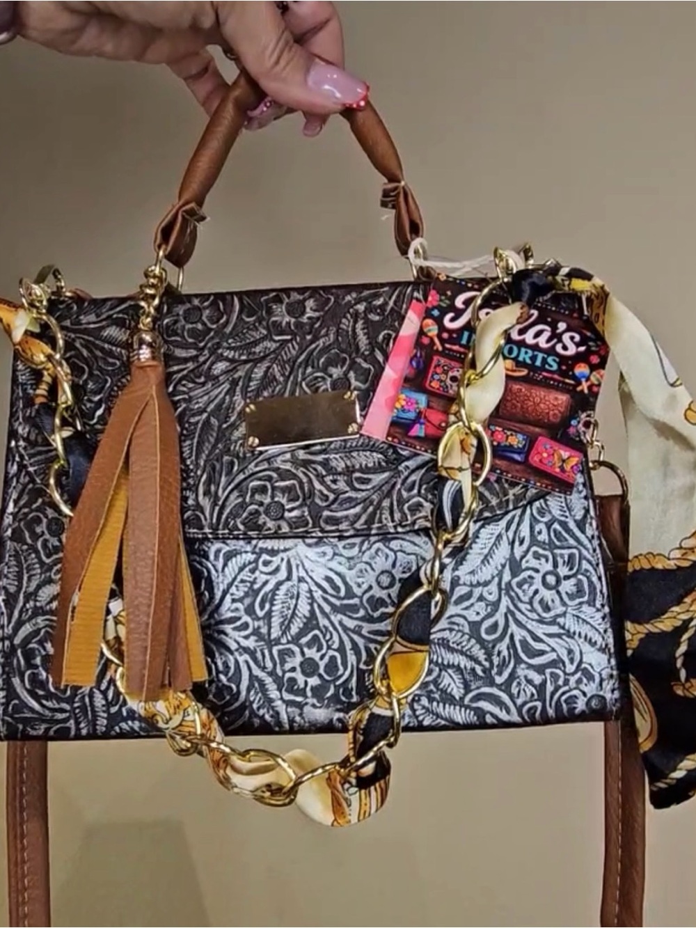 Embossed Floral Top-Handle Bag with Tassel - Brown